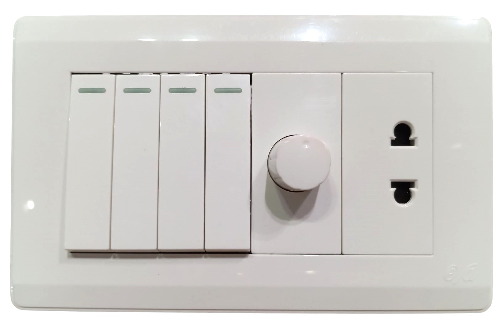 EVA-WHITE-41DIMER-FRONT Eva White 4-Switch + 1-Socket + 1-Dimmer - Image 1